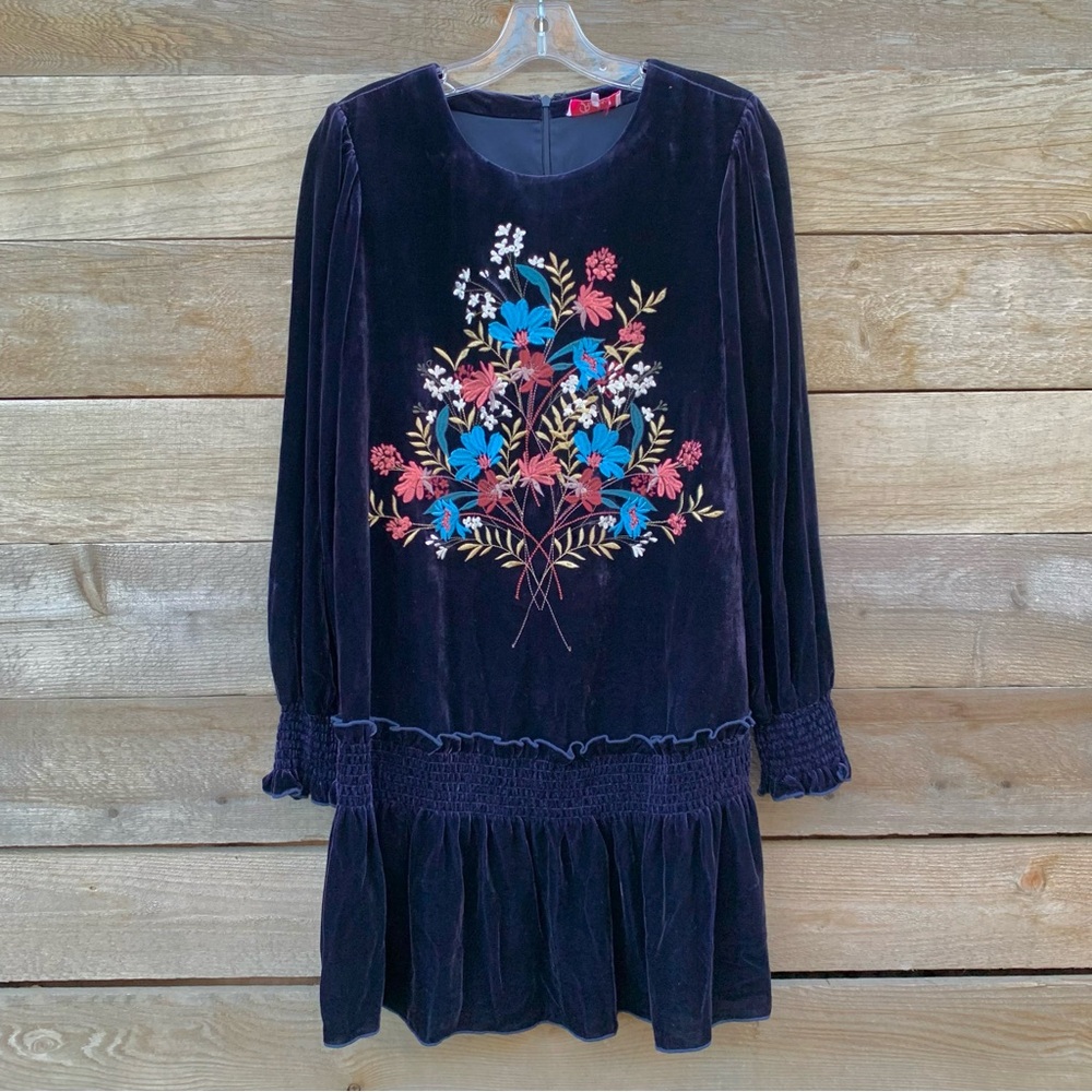 Parker Dress Womens M Velvet Floral Embroidered Smocked Dark Purple Boho